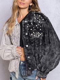 Womens Jackets Locomotive Denim Jacket Autumn Raw Edge Pearl Color Block For Women Fashion Street Short Woman Clothing 230824