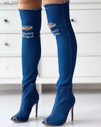 2023 Botas de verão Mulheres sobre o joelho Demin Peep Toe Stiletto High Zip Zip Sexy Design Elegante Elegante sapatos de calçados T2308 3F63