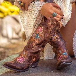 For Western Cowboy Women Beige Winter Boots Mid calf Embroider Woman Fashion Slip on Sexy Square Toe Bota