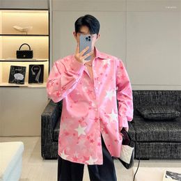 Men's Casual Shirts 2023 Fashion Stars Printed Pink Color Long Sleeve Shirt Mens Korean Style Street Blouse Camisas Elegantes Para Hombre