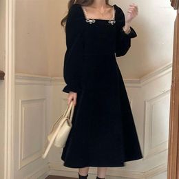 Casual Dresses Black Square Neck Bow Chain Ruffle Sleeve Loose Waist A-line 2023 Autumn Winter Long Vintage
