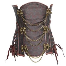 Women Steampunk Jacquard Corsets Luxury Lingerie Sexy Clubwear Underbust Slimming Corset Shapers with Swing Chains and Side Lace-u294B