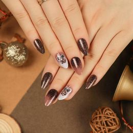 False Nails Press On Christmas Glitter Flower With Rhinestone Nail Gradient Almond Full Cover Manicure Reusable 24pcs Art