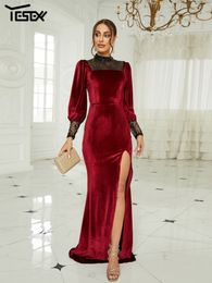 Basic Casual Dresses Yesexy Chic Elegant Woman Stand Collar Bishop Sleeve Velvet Split Burgundy Prom Evening Dress 230824