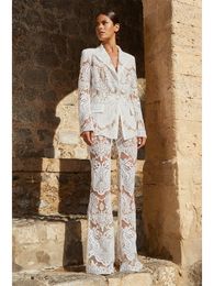 Women's Suits Blazers Women Lace Pant Sets Sexy White V-neck Long Sleeve BlazerFlare Pants Suits Elegant Lace Wide Leg Pants Set Party Evening 230824