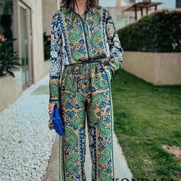 Women's Suits Blazers KONDALA Vintage Green Floral Women Suits Long Sleeve Single Button Loose Shirt and High Wasit Wide Leg Pants Boho Sets 230824