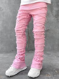 Men's Jeans Spring Autumn Individual Patched Pants Long Tight Fit Stacked Jeans For Men 230825