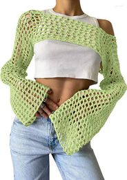 Women's Knits Fashion Women Y2k Crochet Knit Hollow Out Crop Top Long Flared Sleeve Shrug Sweater Mesh Cover Ups Cardigan Streetwear