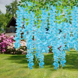 Decorative Flowers 12 Pack 3.6-Foot Fake Wisteria Vine Wreath Silk Flower String Family Garden Party Wedding Decoration (Blue)