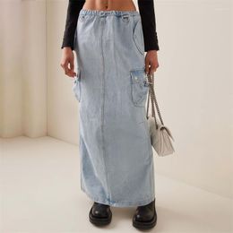 Skirts Women's Skirt 2023 Summer Retro Wash Cotton Denim Half Body Korean Fashion Multi Pocket Decorative Lace Up Long