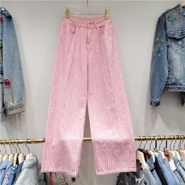 Women's Jeans Striped Diamond Pink for Women Autumn Casual High Waist Loose Straight Jean Girls Denim Trousers WideLeg Pants 230824