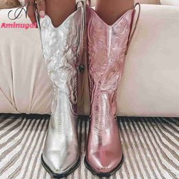 Boots Cowboy Western Boots Sewing Floral Mid-calf Boots For Women 2023 Spring Summer Shining Embroidery Fashion Cool Shoes T230824