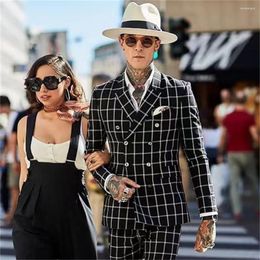 Men's Suits Suit Black Plaid Double Breasted Male Blazer Boyfriend Business Style Casual Slim Fitted Luxury Wedding Outfits 2 Pcs