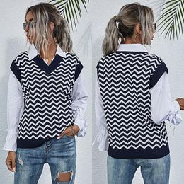 Women's Sweaters 2023 Spring Chic Knitted Vest Geometric Patterns Sleevelesss V-neck Sweater Female Pullovers Waistcoat For Lady Tops