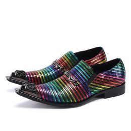 Men Fashion Club Zapatos Party Toe Pointed Formal Dress Designer Multicolour Stripe Business Office Real Leather Man Shoes B