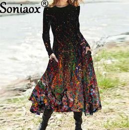 Basic Casual Dresses Vintage Boho Gradient Printed Midi Long Dress Autumn Winter Elegant High Waist Pocket Long Sleeve A-line Female Street Dresses 5 T230825