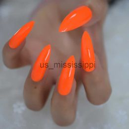 False Nails Pure Deep Orange Extra Long Sharp Stiletto False Nails Tips 24pcs Press On Stilettos Nails For Fingers Wear 1pc Glue Sticker x0826