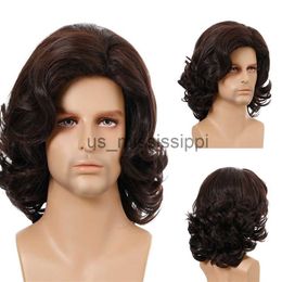 Synthetic Wigs Long Synthetic Curly Wave Wigs For Men Brown Colour Natural Fluffy Wig With Bangs Daily Cosplay Use Heat Resistant Fibre Wigs x0826