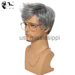 Synthetic Wigs Short Male Straight Wave Synthetic Wig For Men Mixed Silver Gray Pixe Cut Toupee Wavy High Temperature Fiber Heat Resistant Wigs x0826