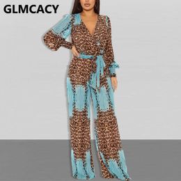 Women's Jumpsuits Rompers Women Long Sleeve Leopard Chiffon Jumpsuit Casual Loose Overalls T230825