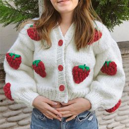Women's Knits Y2k Strawberry Knitted Sweater Women Pullovers Autumn Winter Warm Cardigan Thick Spring Jumpers White Pink E-girl Jumper Coat