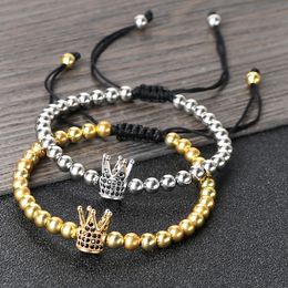Bangle Bracelet Micro Pave King Queen Crown Braided Gold Colour Beaded Bracelets Bangles Adjustable Couple Jewellery Friendship Gifts 230826