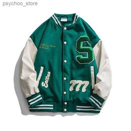 Couple brown American retro PU leather sleeve letter S baseball uniform jacket men and women large size loose Woollen jacket Y2K Q230826