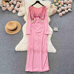 Casual Dresses French Elegant Women Hollow Out Long Dress Spring Summer V Neck Full Sleeve Slim Split Sexy Evening Party Maxi Robe