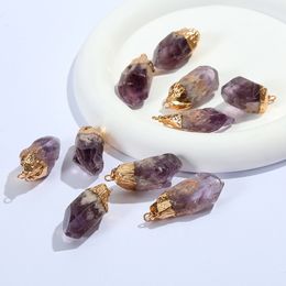 Gold Plated Rough Amethyst Pendant Irregular Crystal Raw Stone Pillar Charms for Necklace Earrings Jewelry Making Accessory