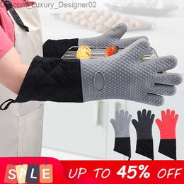 Lengthen Silicone Baking Gloves Anti-Scalding Oven Mitts Cotton Lining Microwave Gloves Non-Slip Canvas Stitching Kitchen Glove Q230826