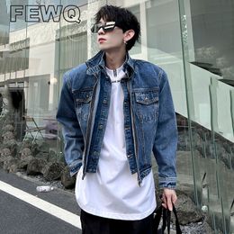 Men's Jackets FEWQ Fake 2 Pcs Denim High Street Metal Zipper Stand Collar Male Shoulder Pad Coats Niche Design 24B3183 230825