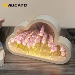 Novelty Items 1PCS DIY Cloud Tulip Mirror LED Night Light Po Frame Table Lamps Girl Bedroom Ornaments Bedside Handmade Birthday Gifts 230826