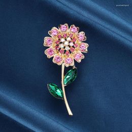 Brooches Female Simple Rainbow Crystal Flower For Women Luxury Yellow Gold Color Zircon Alloy Plant Brooch Safety Pins