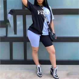 Women's Two Piece Pants Plus Size 5XL Women Summer Clothing Fashion Sweatsuits FLEX Shorts Two Piece Sets Outfits Splicing Short Sleeve Tracksuits 230825