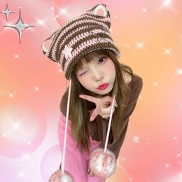 BeanieSkull Caps Sweetheart Original Pure Handmade Striped Kitten Beanies Hat Subculture Cute Y2k Cat Ear Skullies Hats for Women 230825