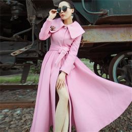 Women's Wool Blends long swing Woollen coat women pink coat British style thickened warm cashmere coat 230825