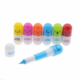 Ballpoint Pens 6pcs Cute Smiling Face Pill Ball Point Pen Novelty Stationery Telescopic Vitamin Capsule Ballpen For School Use 230825