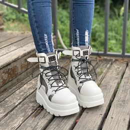 Boots Women's Studded Buckle Decor Lace Up Ankle Boots Punk Style Wedge Heeled Boots Women Y2K Style Shoes 230825