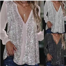 Women's T-Shirt 2023 Fashion Sequin Shirt Women's Sexy Casual Long Sleeve Autumn Street Clothing Shirt Business Ldays Loose Top T230826