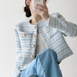 Women's Wool Blends Rimocy Elegant Pearls Buttons Crop Jacket Women Korean Fashion Round Neck Tweed Coat Womans Pockets Chic Short Coats Female 230825