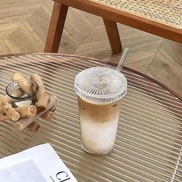 Wine Glasses 240ml/375ml Vertical Striped Transparent Glass Cup With Lid Straw Coffee Tea Milk Breakfast Mugs Gift Kitchen Supplies