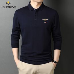 Mens Polos Spring and Autumn Long Sleeve Polo Shirt Fashion Stripe Neck Top Pure Cotton Daily 230825