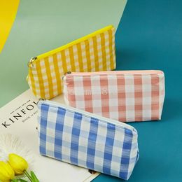 Korean Yellow Plaid Cloth Makeup Bags Large Capacity Lipstick Brushes Toiletry Organizer Storage Bags Multifunctional Handbags