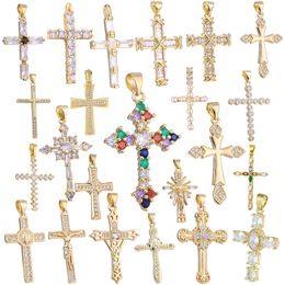 Charms Juya DIY 18K Real Gold Plated Wholesale Christian Cross Charms For Handmade Christmas Religious Rosary Pendant Jewelry Making 230826