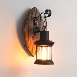 Wall Lamp Antique Vintage Light Wood Glass Restaurant Cafe Bar Corridor Bedroom Bedside Sconce E27 Bra