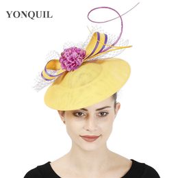 Wide Brim Hats Bucket Design Yellow With Purple Hair Fascinator Hat Headband Bridal Wedding Party Headpiece Mesh Ladies Occasion Accessories 230825