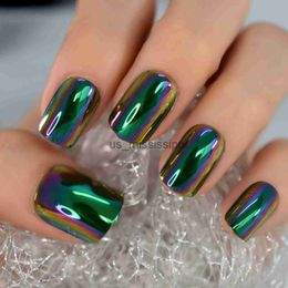 False Nails Chrome Fake Nails Press On Square Nails Full Cover Fingernails Green Electroplate Design Short Style With Glue Sticker Manicure x0826