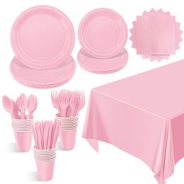 Other Event Party Supplies Solid Colour Set Light Pink Disposable Tableware Paper Cup Plate Tablecloth For Kids Baby Shower 230825