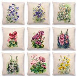 Pillow Watercolor Flowers Bluebells Geranium Cornflowers Hollyhocks Bouquet Floral Aquarelle Decor Sofa Throw