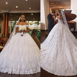 Full Lace Off The Shoulder BAll Gown Wedding Dress Sweep Train Stunning Aso Ebi Bridal Gowns